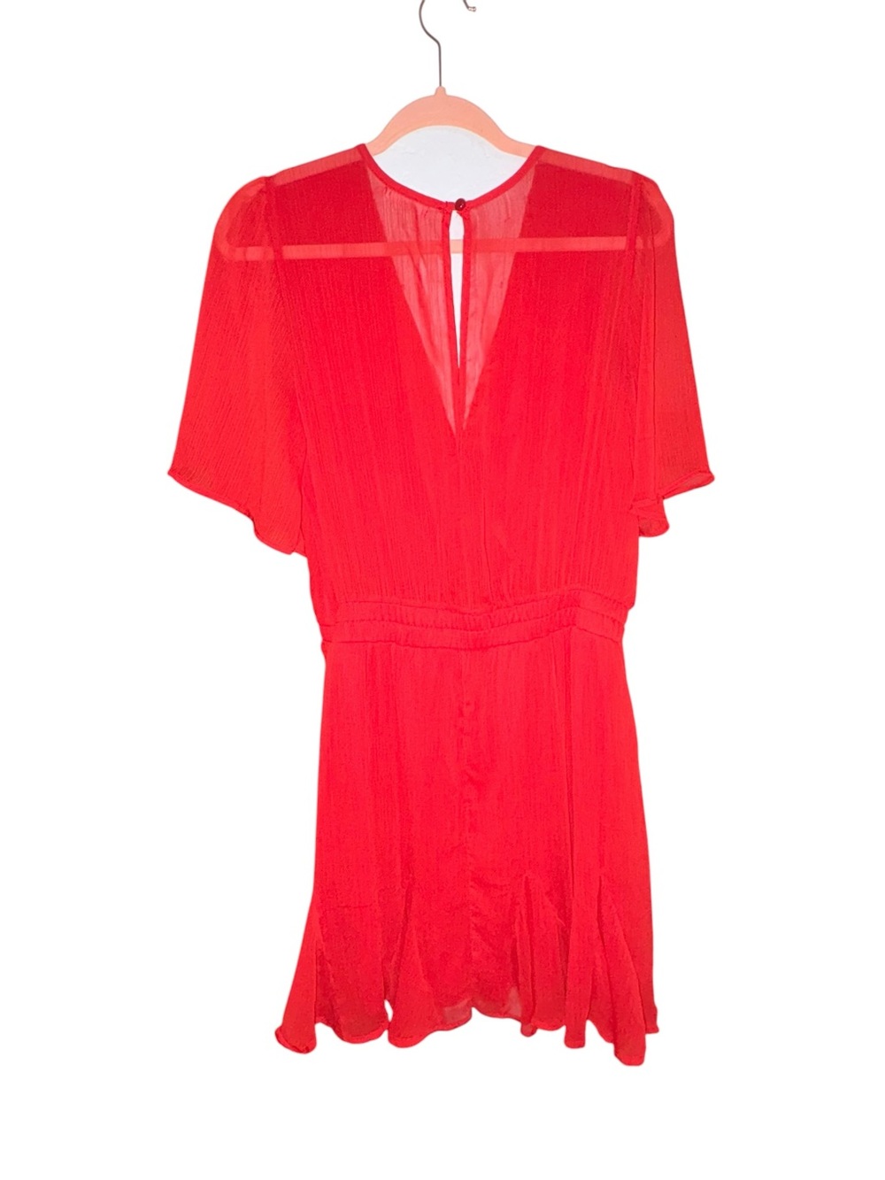 Mi Ami Bright Red Short Flowly Sheer Romantic Feminine Flutter Sleeve Dress sz L